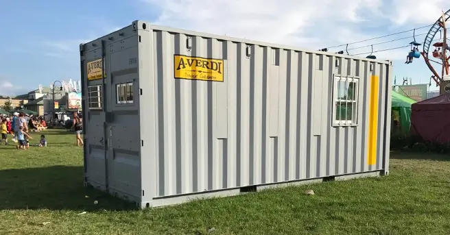 A-Verdi storage container at an outdoor fairground, providing secure and convenient event storage space.