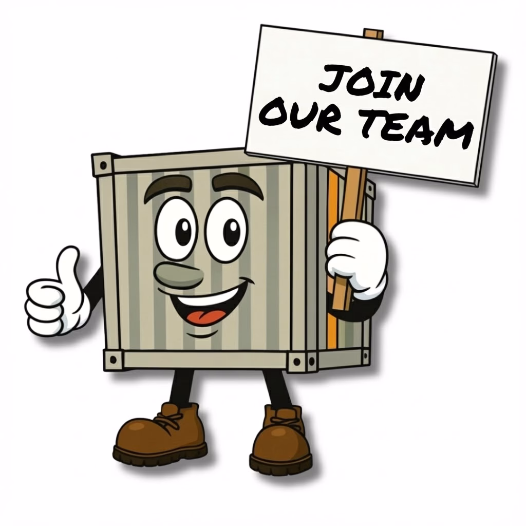 Verdie, the A-Verdi Storage Containers mascot giving a thumbs-up while holding a “Join Our Team” sign.