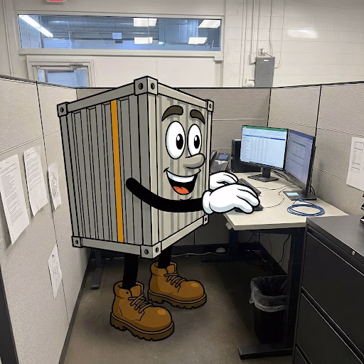 We're working on your quote request! Verdie the A-Verdi storage container mascot working at an office desk after a quote request submission